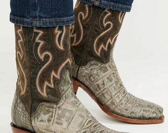 Cowboy Boots Two-Tone Exotic Caiman with Intricate Embroidery