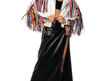 Handmade White Leather Fringe Jacket | Studded Western Cowgirl Coat