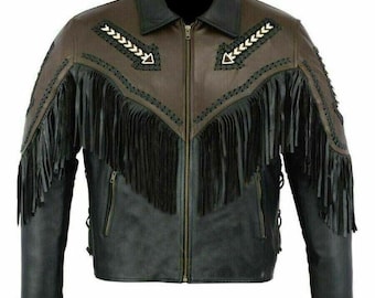 Handmade Western Fringe Leather Jacket, Beaded Cowboy Rodeo Coat