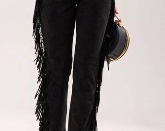 Women’s Black Leather Fringe Pants – High Waist Western Style Slim Fit Trousers