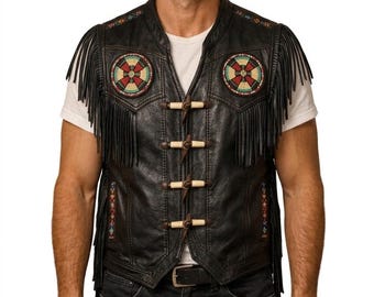 Western Heritage: Men’s Black Leather Fringe Vest with Beaded Medallions