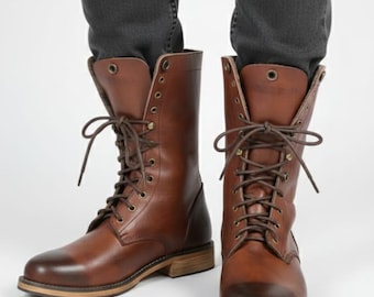 Ankle Boots Brown Leather Lace-Up Boots for Men – Vintage Military Style