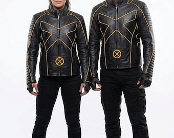 X-Men Black Leather Biker Jacket, Yellow Piping, Comic Cosplay Costume