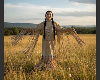 Handmade Leather Fringe Dress with Beaded Details – Western Native-Inspired Suede Outfit