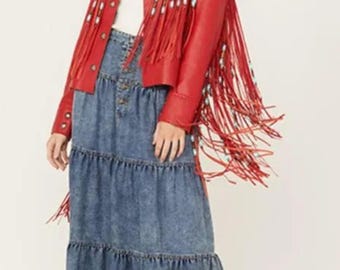 Red Fringe Leather Jacket – Western Style with Beaded Accents | Women's Boho Cowgirl Jacket