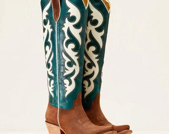 Knee-High Embroidered Leather Boots High-Shaft Two-Tone Western Boots