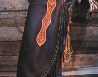 Black Leather Rodeo Chinks with Tooled Tan Yoke – Western Cowboy Fringe Chaps