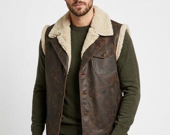 Distressed Brown Leather Shearling Waistcoat