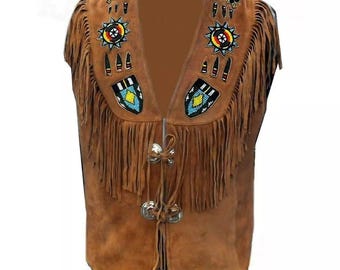 Herren Wildleder Western Style Weste mit Fransen und Perlen Weste - Braun