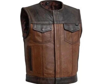 Chaleco de motociclista de cuero perforado para hombre: Chaleco de motociclista Gunner marrón