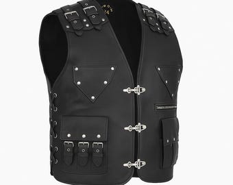 Men’s Black Leather Biker Vest – Heavy Duty Rocker Style