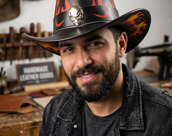 Custom Leather Flame & Skull Cowboy Hat – Handcrafted Biker Outlaw Style