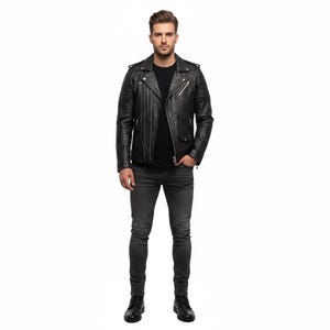 May include: A black leather motorcycle jacket with a notched collar, asymmetrical zipper, and quilted shoulder details. The jacket is paired with a black t-shirt, dark gray jeans, and black boots. The outfit is shown against a white background.