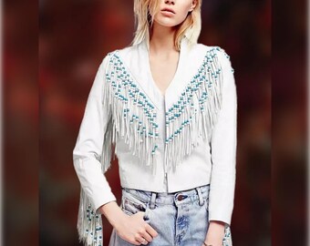 White Leather Fringe Jacket: Women's Beaded Cowgirl Rodeo Coat
