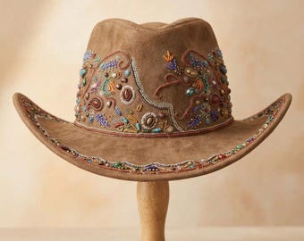 Beaded Cowboy Hat, Western Rodeo Headwear, Boho Festival Hat