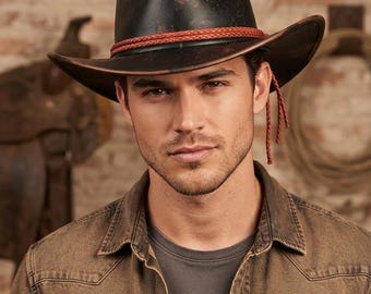 Men's Vintage Distressed Leather Cowboy Hat with Braided Band