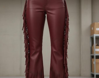 Women’s Burgundy Leather Fringe Pants – High Waist Western Bell Bottom Trousers