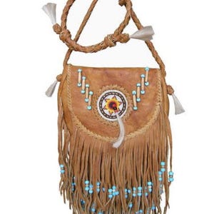 Handmade Leather Fringe Crossbody Bag – Native-Inspired Beaded Purse with Braided Strap