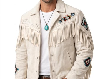 Men’s White Suede Fringed Western Jacket