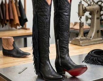Over-The-Knee Leather Fringe Western Boots