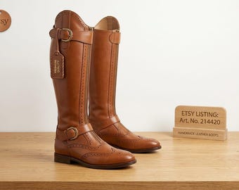 Custom Order Handmade Leather Riding Boots, Made to Measure Tan Brown Tall