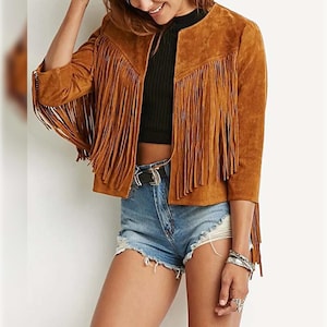 Women&#39;s Suede Fringe Jacket – Western Boho Cropped Coat – Real Leather Cowgirl Style – Handmade Festival Outfit