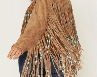 Women's Boho Western Suede Fringe Jacket with Beaded Tassels – Vintage Cowgirl Style