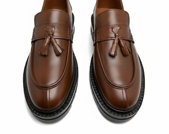 Men's Brown Leather Tassel Loafers  Handcrafted Slip-On Dress Shoes - Elegant Apron Toe Wedding Loafers