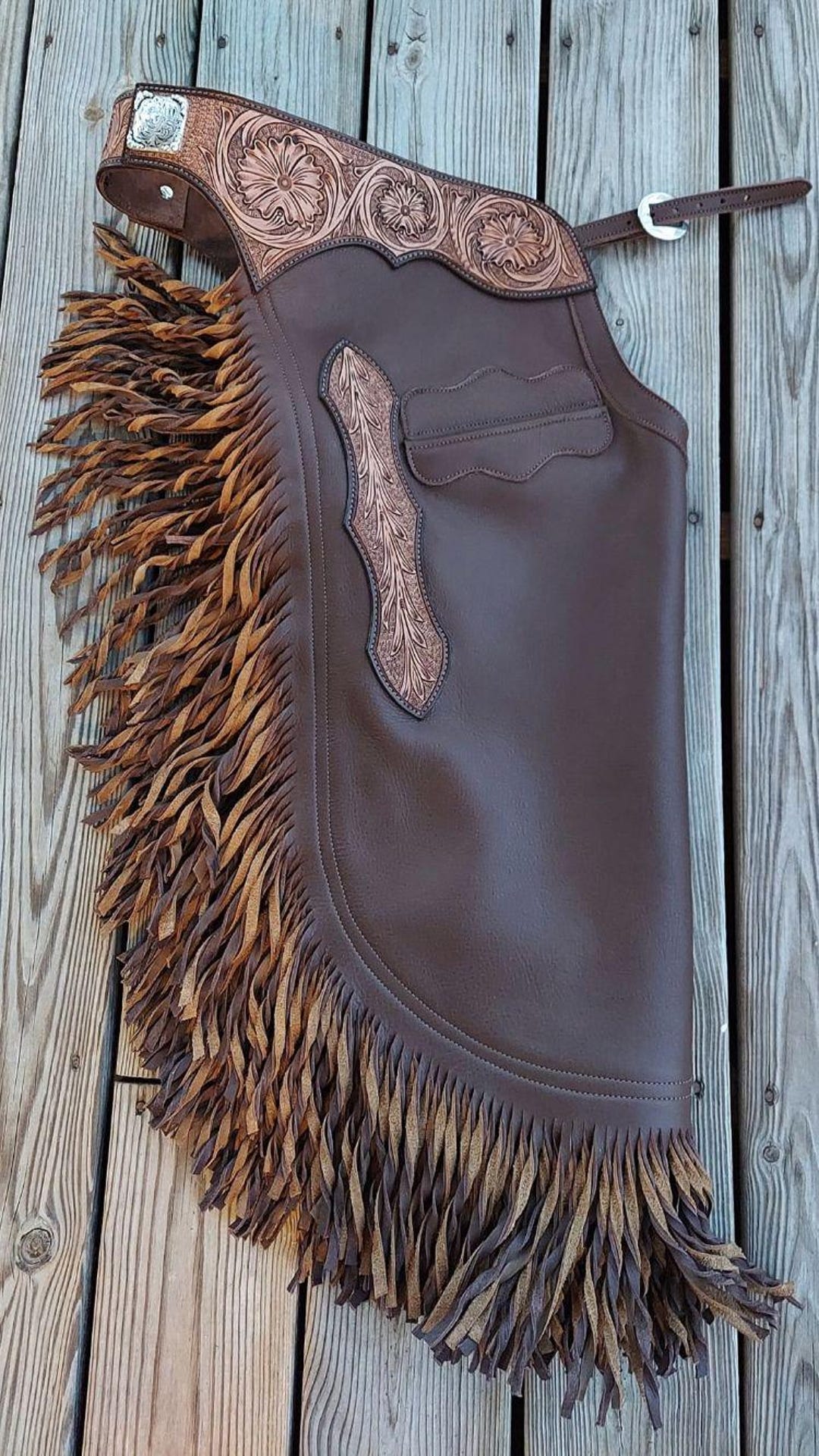 Handcrafted Dark Brown Leather Chaps With Tooled Yoke and Fringe - Etsy