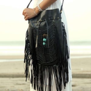Boho Fringe Leather Crossbody Bag – Handwoven Black Festival Purse with Beads & Tassels