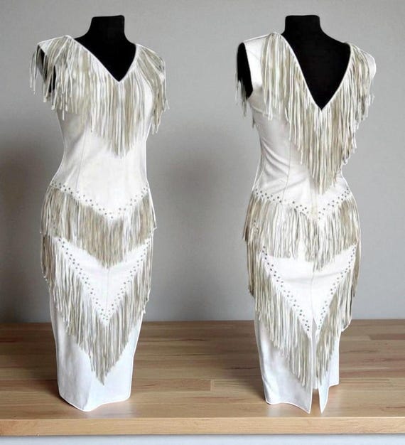 leather cowgirl dress Handmade White Fringe Leather Dress | Western Cowgirl Style | Festival or  Rodeo Outfit