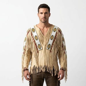 Native American Style Beaded War Shirt – Handmade Tribal Ceremonial Regalia with Fringe & Geometric Patterns