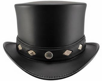 Black Leather Top Hat Steampunk Western Hat with Studded Band,