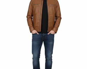 Men's Classic Tan SHEEP-Leather Racer Jacket