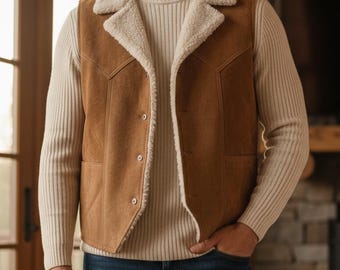 Vintage Style Men’s Suede Leather Vest with Warm Shearling Lining – Western Boho Waistcoat -