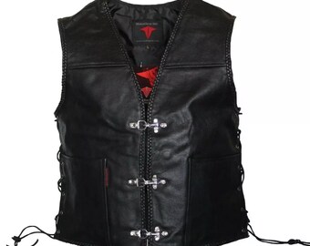 Men's Black Leather Motorcycle Vest – Western Biker Style with Braided Trim & Toggle Closure