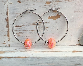 Pendientes de aro con cuentas, pendientes de aro grandes, acero inoxidable, pendientes coloridos, pendientes de aro de plata, 30 mm, 40 mm, 50 mm,