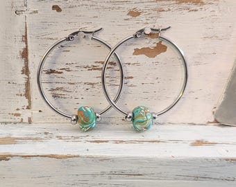 Pendientes de aro con cuentas, pendientes de aro grandes, acero inoxidable, pendientes coloridos, pendientes de aro de plata, 30 mm, 40 mm, 50 mm,