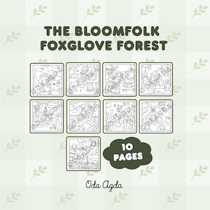 Op de afbeelding: Een kleurboek getiteld "The Bloomfolk Foxglove Forest" met 10 pagina's. De omslag toont een raster van zwart-wit illustraties van grillige sc&egrave;nes. De naam van de kunstenaar, Oda Agda, staat onderaan. De achtergrond is een lichtgroen en wit geruit patroon.