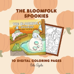 May include: A digital coloring book titled The Bloomfolk Spookies by Oda Agda featuring 10 pages. The cover shows a cartoon rabbit with a mushroom hat sitting on a skull near a pond, a sleeping rabbit, and a frog. A black and white page is visible.