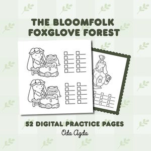 Könnte beinhalten: Digitale Übungsseiten mit Illustrationen einer Figur, die in einem Topf rührt, mit dem Wort "Zucker" auf einem Beutel. Der Text "The Bloomfolk Foxglove Forest" und "52 Digital Practice Pages" sind ebenfalls sichtbar.