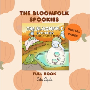Peut inclure: Un livre de coloriage intitulé The Bloomfolk Spookies par Oda Agda présentant une illustration de dessin animé d'un lapin avec un chapeau champignon, une grenouille et un crâne dans un étang. La couverture inclut le texte The Bloomfolk Spookies.