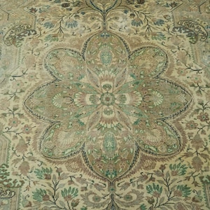7x10 Ft Vintage Turkish Rug - Brown Beige Floral Wool Area Carpet - Handmade Large Living Room Rug - Traditional Oriental Home Decor.