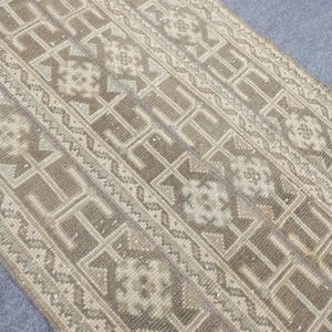 3x11 Runner Rug: Vintage Turkish Oushak Tribal Long Stair Rug, Handwoven Wool Neutral Beige Green Carpet