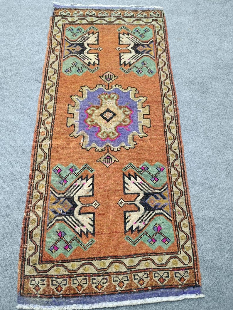 2x3 Feet, Vintage Turkish Small Handmade Wool Rug: Orange Green Carpet ...