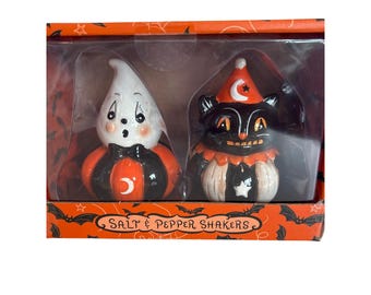 Johanna Parker Halloween Gus Ghost and Cat Salt and Pepper Shaker Set Halloween New