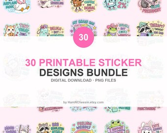 30 Printable Sticker Designs Bundle – Girly, Introvert, Anxiety, Coffee, Sarcastic (Digital Download)