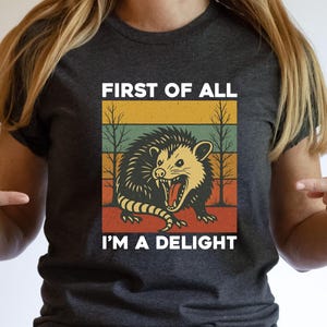 First Of All I&#39;m A Delight Shirt, Funny Opossum Shirt, Angry Possum Graphic Tee, Sarcastic Animal Lover Gift, Retro Opossum Shirt, Funny Tee