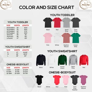 Color and size chart for youth t-shirts, youth sweatshirts, toddler t-shirts and baby bodysuits
