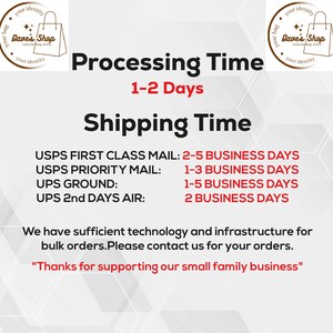May include: Image with text from Dave's Shop, including "Processing Time 1-2 Days" and "Shipping Time" with USPS and UPS delivery estimates. The shop logo is a shopping bag.